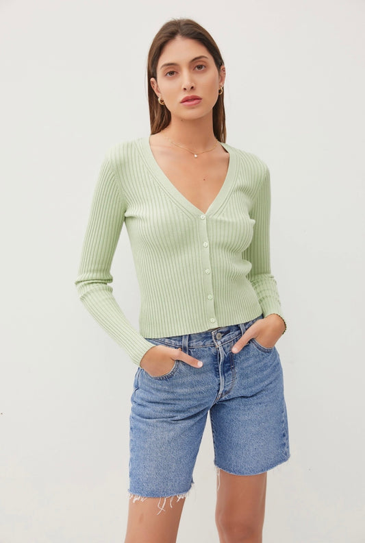 Be Cool Ribbed V-Neck Slim Cardigan - Sprout
