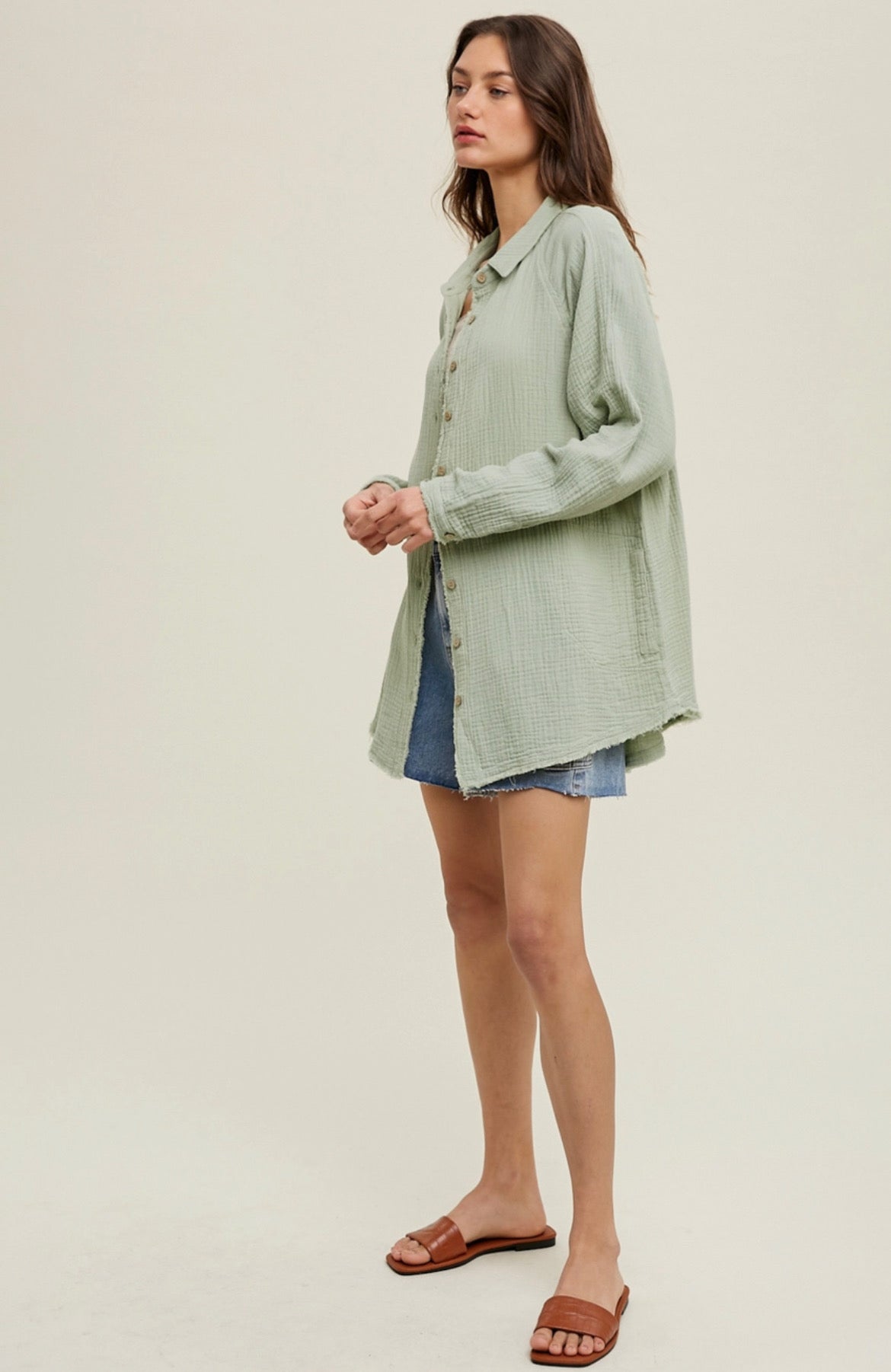 Wishlist Cotton Gauze Button-Up Top w/ Raw Edge Detail