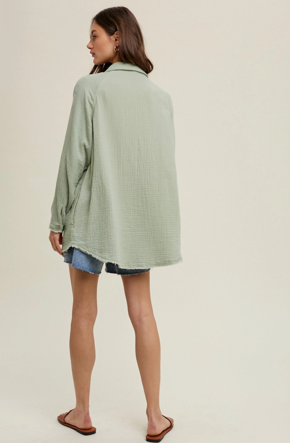 Wishlist Cotton Gauze Button-Up Top w/ Raw Edge Detail