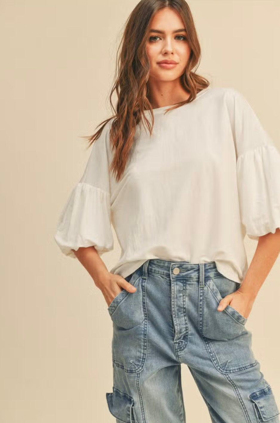 Miou Muse White Bubble Sleeve Top