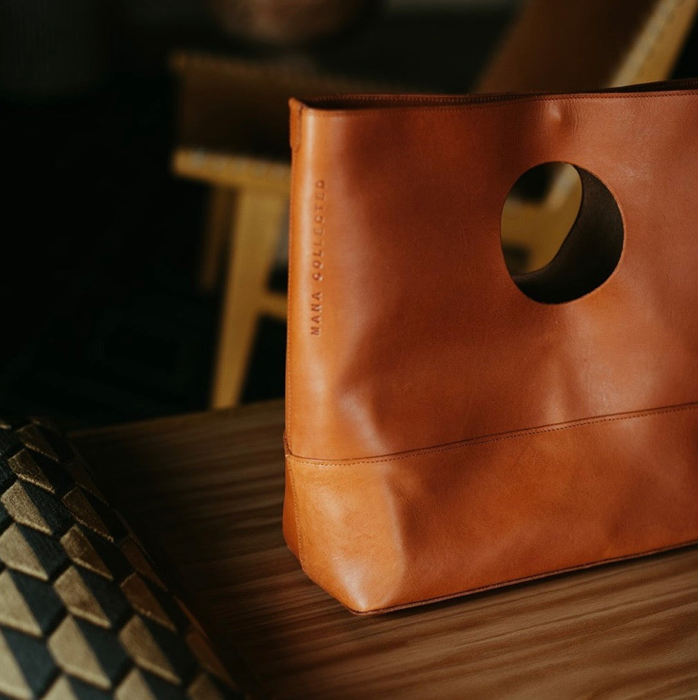 Mana Collected Leather Arm Tote in Camel