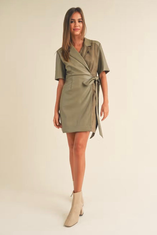 Miou Muse Cement Pleather Collared Wrap Dress