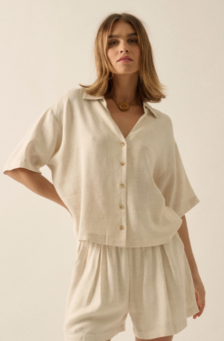 Promesa Linen Blend Button Front Shirt in Oatmeal