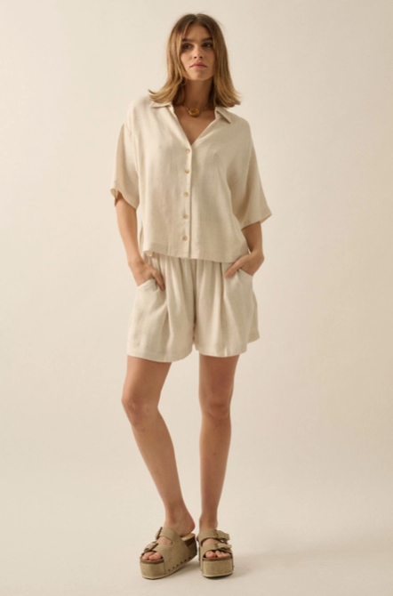 Promesa Linen Blend Button Front Shirt in Oatmeal