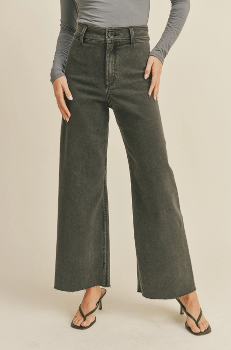 Miou Muse Straight Wide Leg Denim Pants - Washed Black